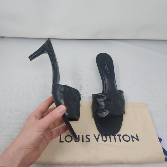 LOUIS VUITTON LV Monogram Black Embossed Revival Heel Sandal - Picture 1 of 12